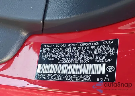 2004 Toyota Celica Gt из США, поврежденный, VIN JTDDR32T940181069